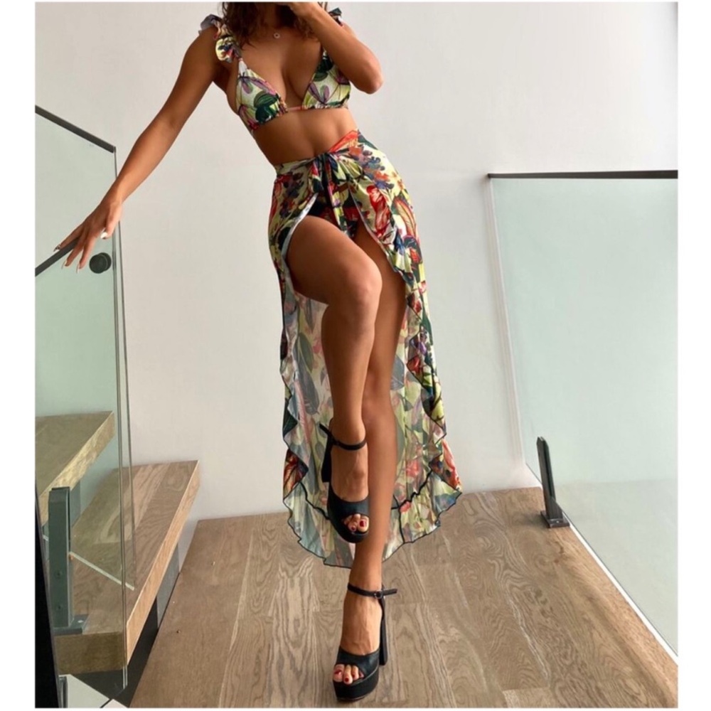 Boho Floral Tropical Print Ruffle Bikini Cover Up Set XXS XS S M L XL
